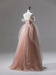 Pink Tulle Lace Long Prom Dress, Beautiful A-Line Evening Party Dress