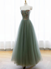 A-Line Green Tulle Long Prom Dress, Off the Shoulder Evening Party Dress