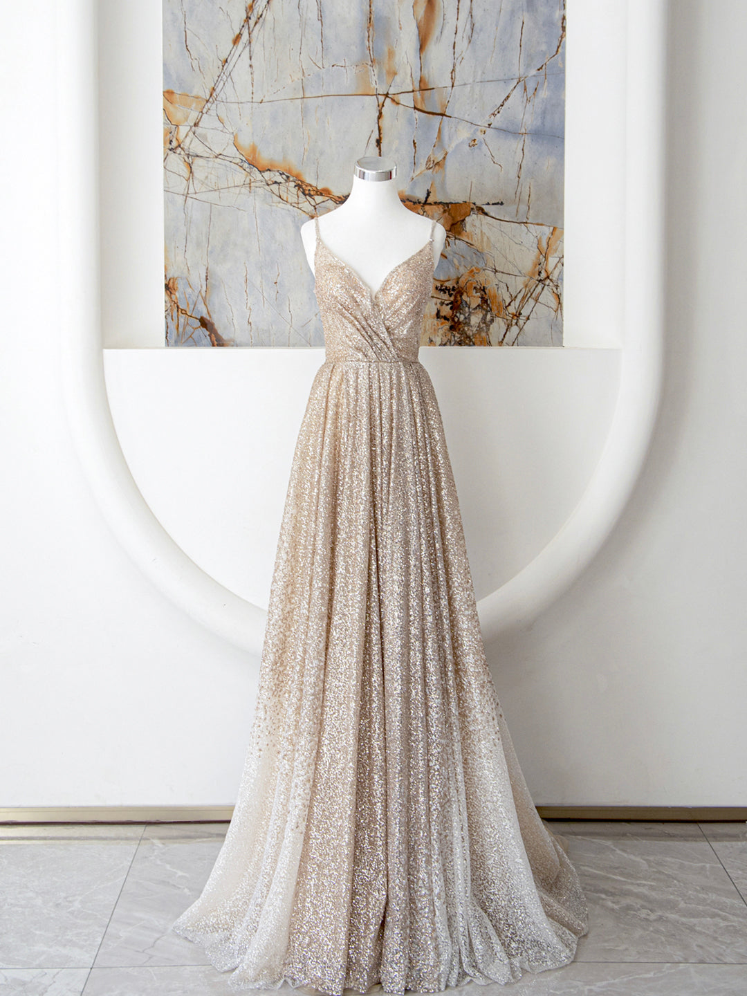 Champagne Spaghetti Strap Sequins Long Prom Dress, Shiny V-Neck Evening Dress