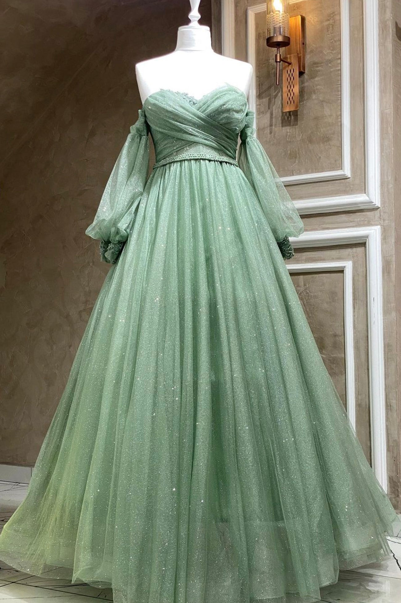 Green Tulle Long Sleeve Prom Dress, A-Line Off the Shoulder Evening Dress