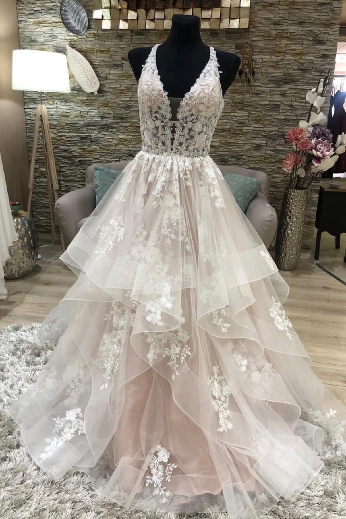 A-Line Lace Long Prom Dresses, V-Neck Formal Evening Dresses