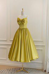 Yellow Satin Short Prom Dresses, Cute A-Line Bow Homecoming Dresses