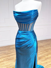 Blue Strapless Pleated Long Prom Dress, Blue Satin Party Dress