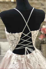 A-Line Lace Long Prom Dresses, V-Neck Formal Evening Dresses