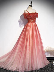 Burgundy Tulle Long Prom Dress, A-Line Off Shoulder Evening Dress