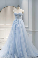 Blue Sweetheart Neck Lace Floor Length Prom Dress, Lovely Blue Evening Dress