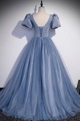 Blue Tulle Beading Long Prom Dresses, A-Line Short Sleeve Evening Dresses