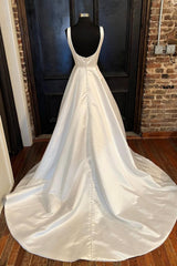 White Satin Long Prom Dresses, A-Line Evening Dresses