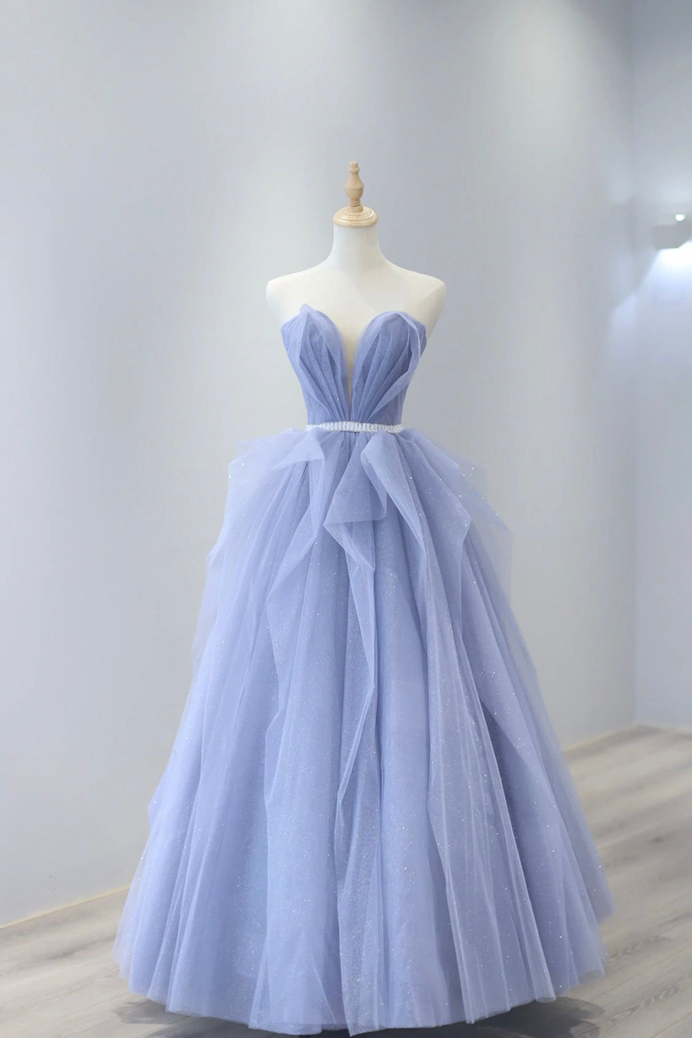 Blue Tulle Strapless Long Prom Dress, A-Line Blue Evening Dress