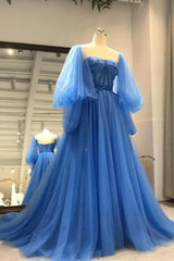 Blue Tulle Long Prom Dresses, A-Line Long Sleeve Evening Dresses