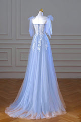 Blue Spaghetti Strap Tulle Lace Long Prom Dress, A-Line Evening Party Dress