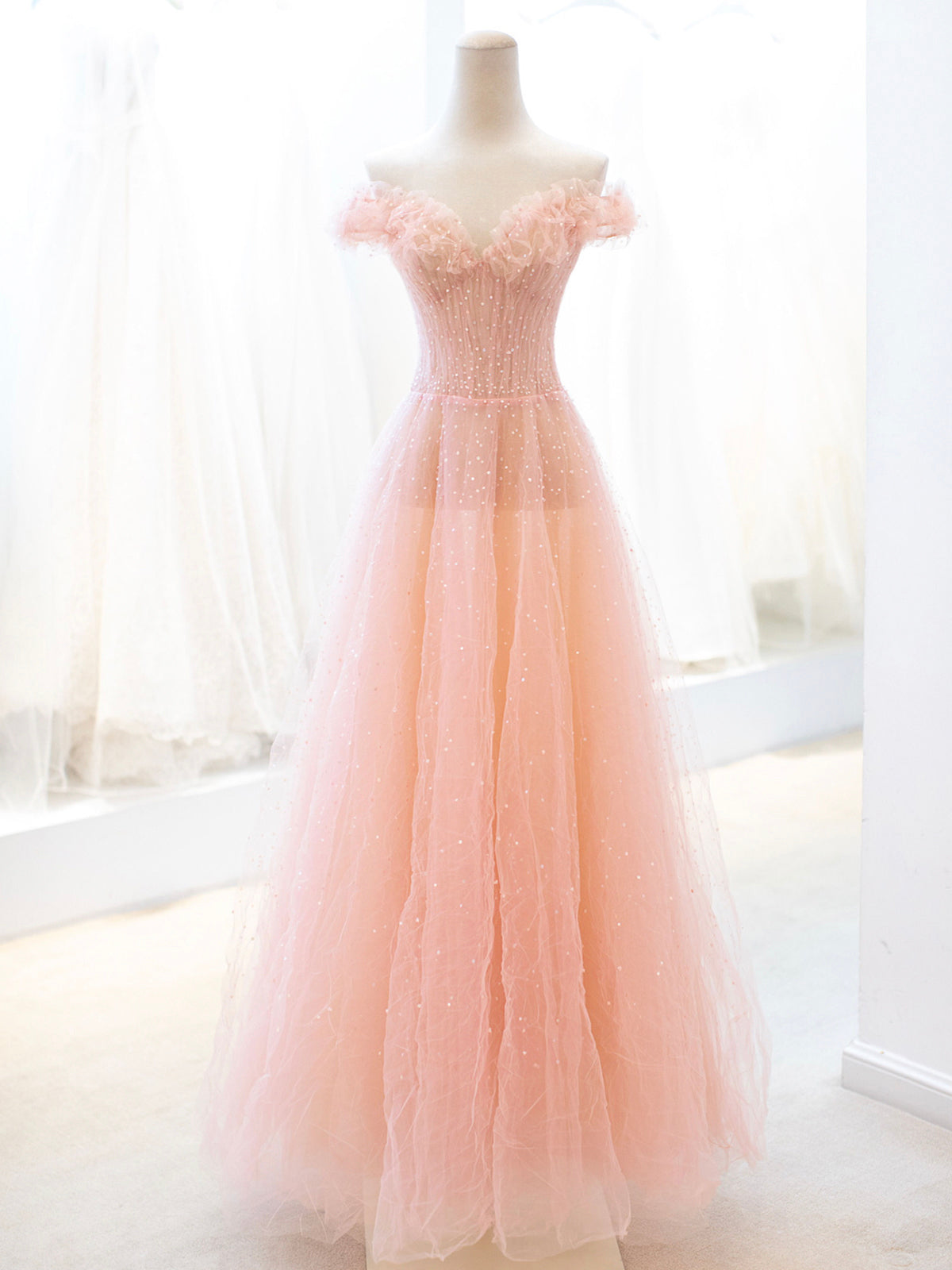 Pink Tulle Sequins Long Prom Dress, A-Line Lovely Evening Party Dress