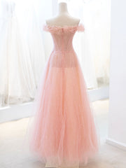 Pink Tulle Sequins Long Prom Dress, A-Line Lovely Evening Party Dress