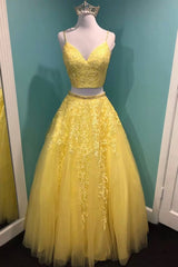 Yellow Lace Two Pieces Prom Dress, A-Line Evening Party Dress