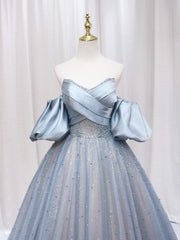 Blue Puff Sleeve Long A-Line Prom Dress, Off the Shoulder Formal Evening Dress