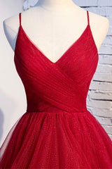 Red V-Neck Tulle Long Prom Dress, A-Line Evening Dress
