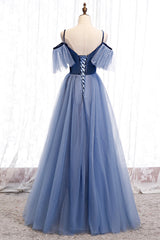 Blue Velvet Tulle Long Prom Dresses, Blue A-Line Evening Dresses
