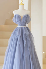Blue Off Shoulder Tulle Long Formal Dress, A-Line Blue Evening Dress