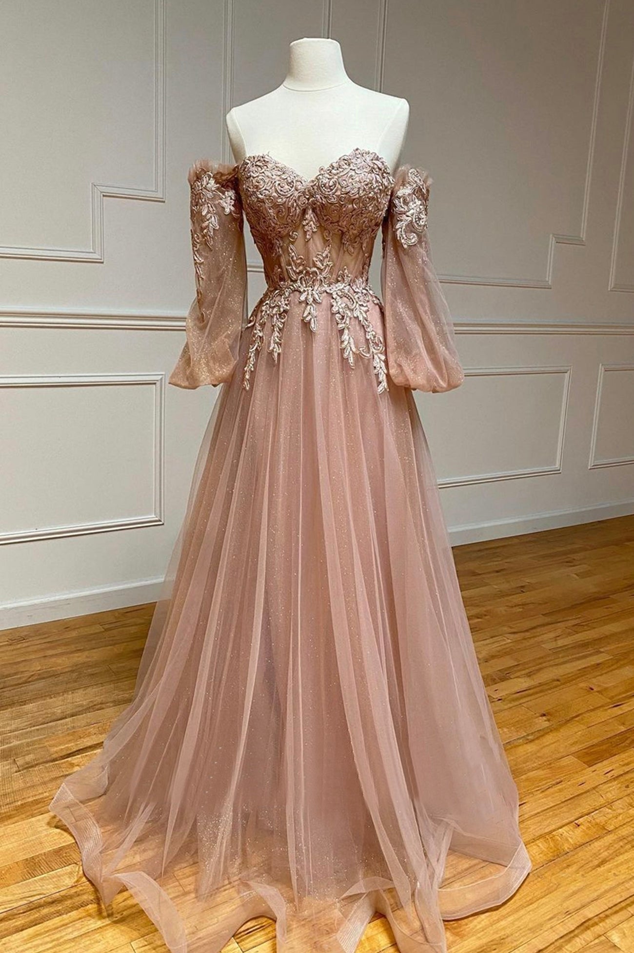 A-Line Tulle Lace Long Prom Dresses, Off the Shoulder Lace Formal Dresses