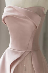 Pink Strapless Satin Floor Length Prom Dress, A-Line Formal Evening Dress