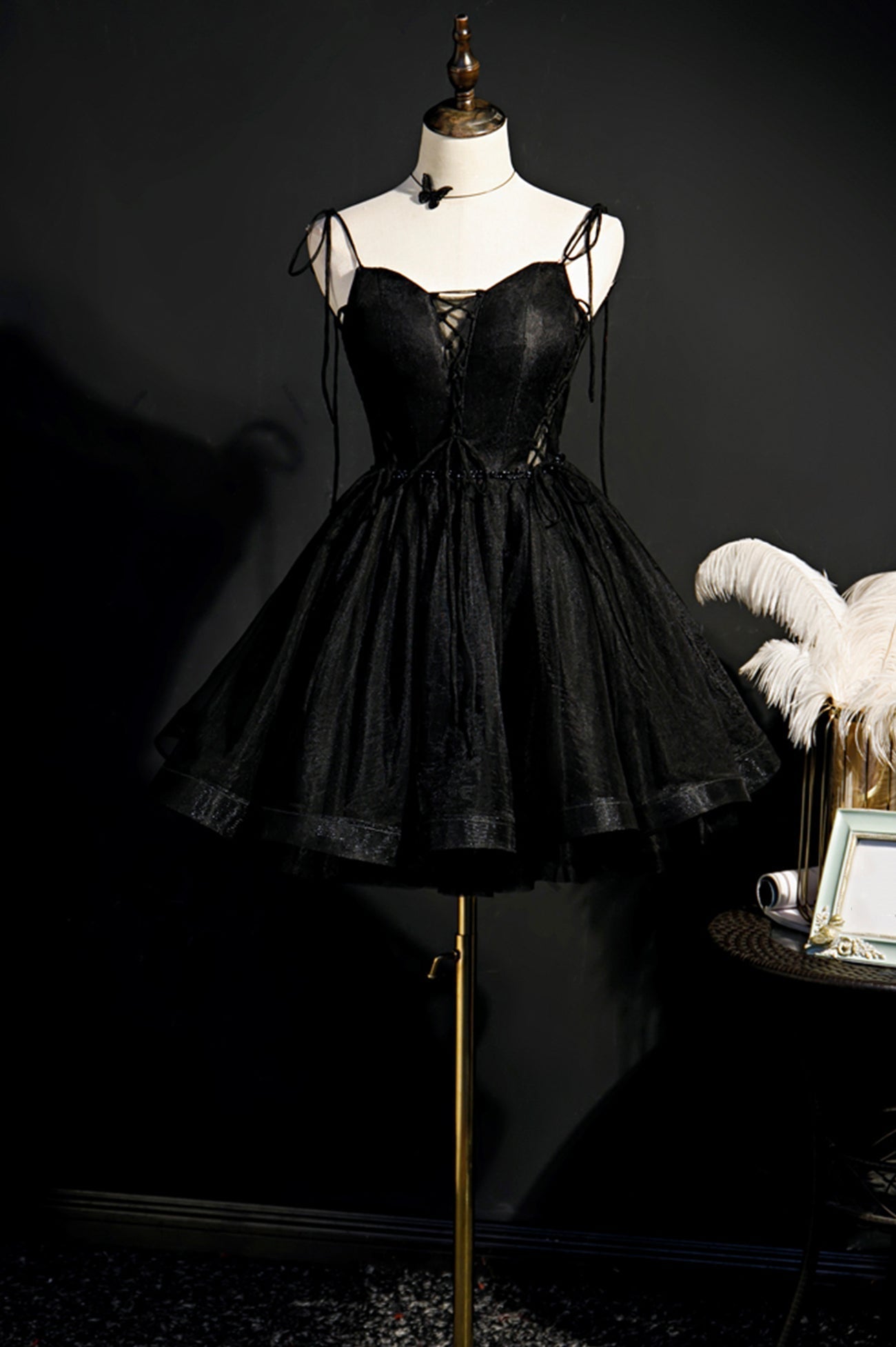 Black Tulle Short Prom Dress, Lovely A-Line Spaghetti Strap Party Dress