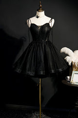 Black Tulle Short Prom Dress, Lovely A-Line Spaghetti Strap Party Dress