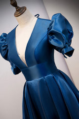 Blue V-Neck Satin Long Prom Dresses, A-Line Blue Evening Dresses