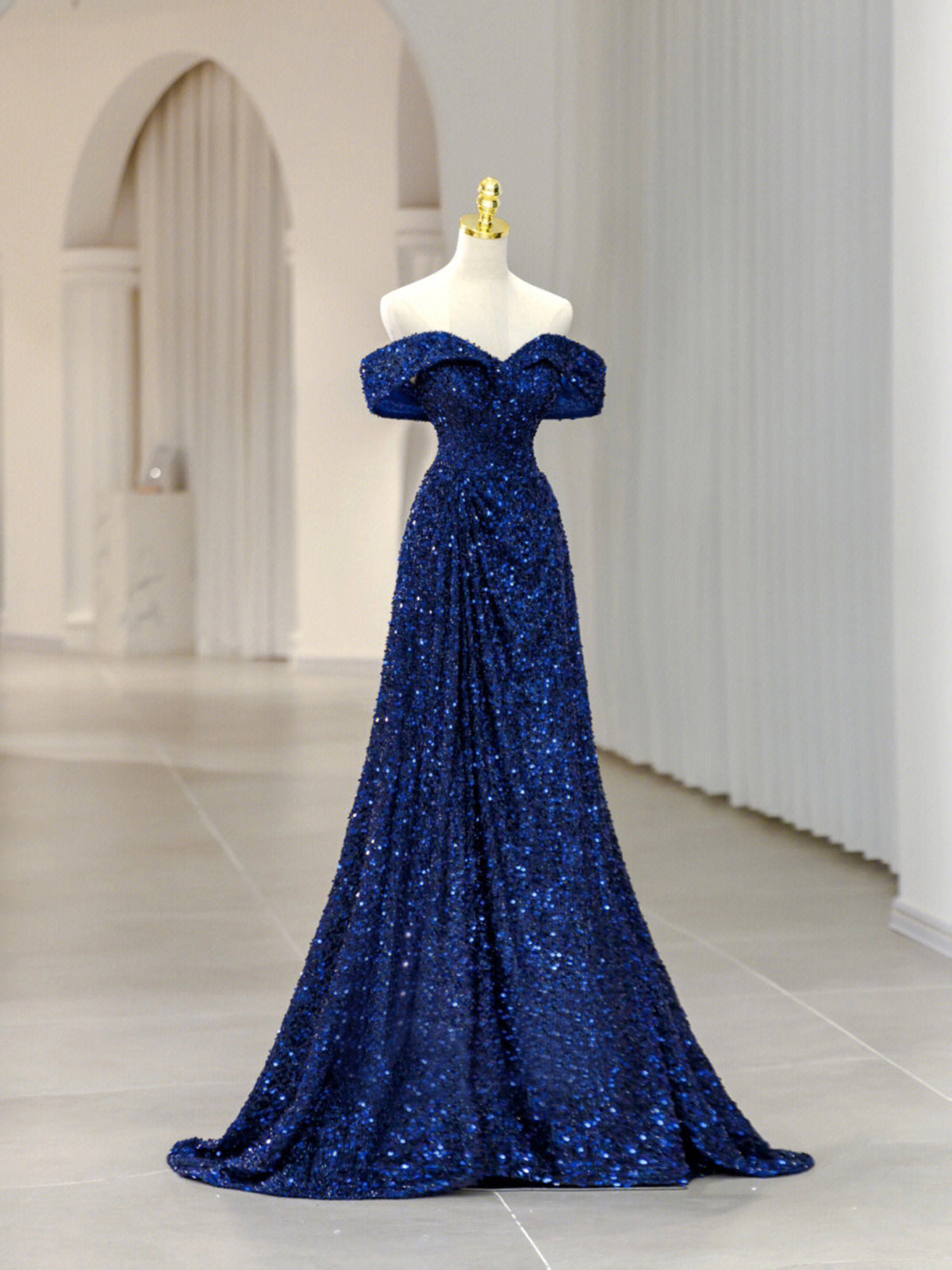 Blue Sequins Long Prom Dress, Off the Shoulder Blue Evening Dress