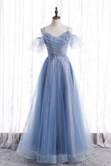 Blue Tulle Long A-Line Prom Dresses, Blue Spaghetti Strap Evening Dresses