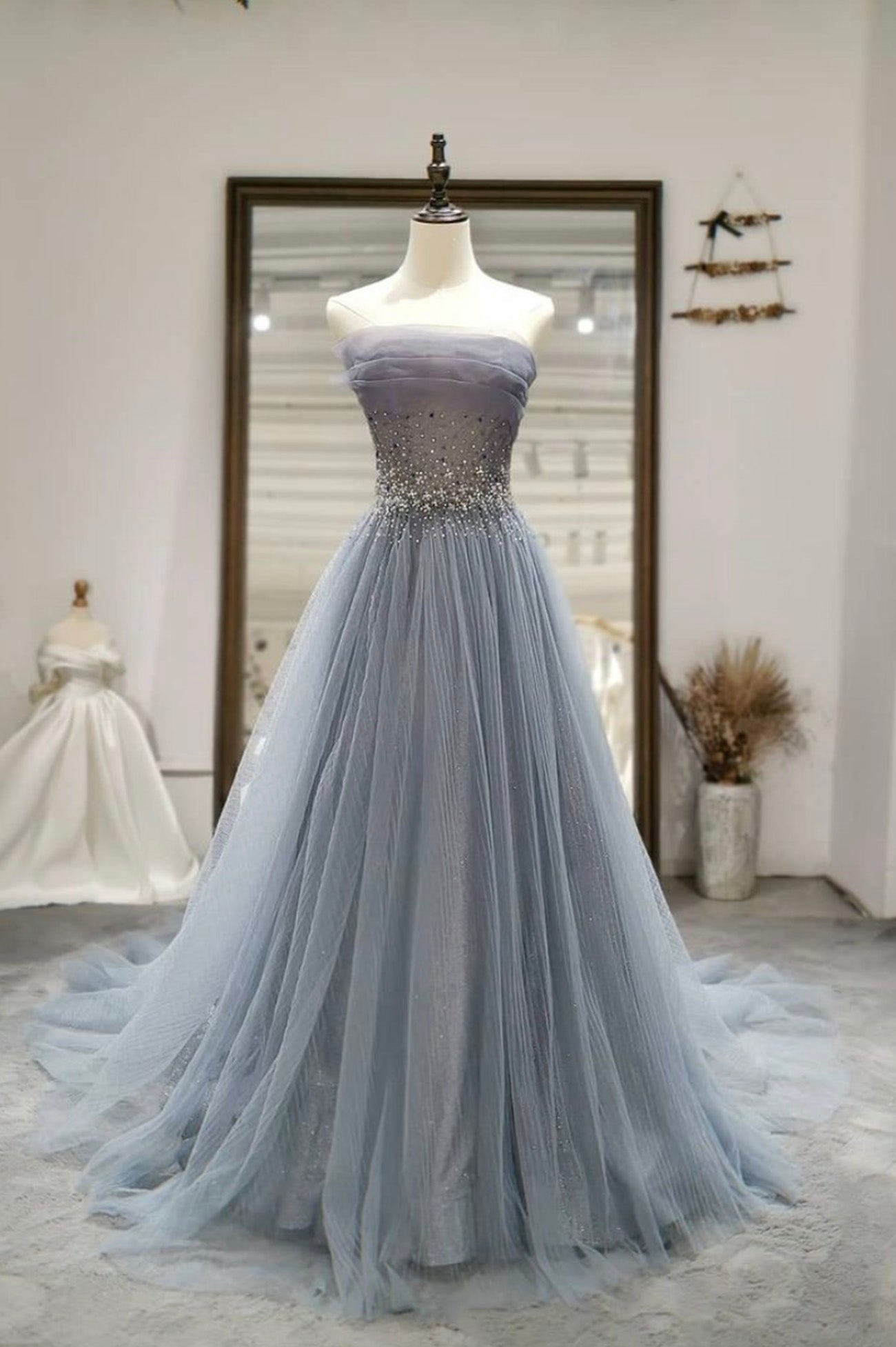 Gray Tulle Beading Long Prom Dresses, A-Line Strapless Evening Dresses