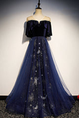 Blue Velvet Tulle Long Prom Dresses, Blue Formal Evening Dresses