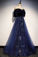 Blue Velvet Tulle Long Prom Dresses, Blue Formal Evening Dresses
