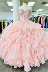 Pink Lace Beaded Long A-Line Ball Gown, Sweet 16 Dress