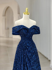 Blue Sequins Long Prom Dress, Off the Shoulder Blue Evening Dress