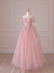 Pink Tulle Lace Long Prom Dress, Off the Shoulder Evening Dress