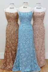 Straps Mermaid Blue Lace Appliques Long Prom Dress