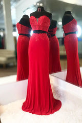 Elegant Two Piece Sweetheart Beaded Red Prom Dress with Lace-up Back