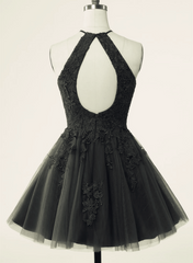 Black Halter Tulle With Lace Short Party Dress, Black Tulle Homecoming Dress