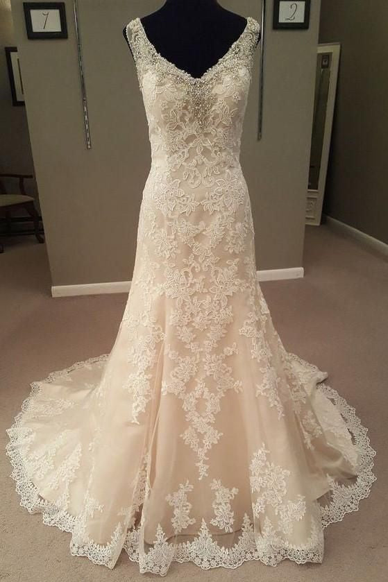 Mermaid Long Champagne Bridal Dress with Lace