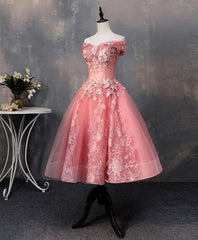 Pink Tulle Lace Off Shoulder Short Prom Dress, Pink Homecoming Dress