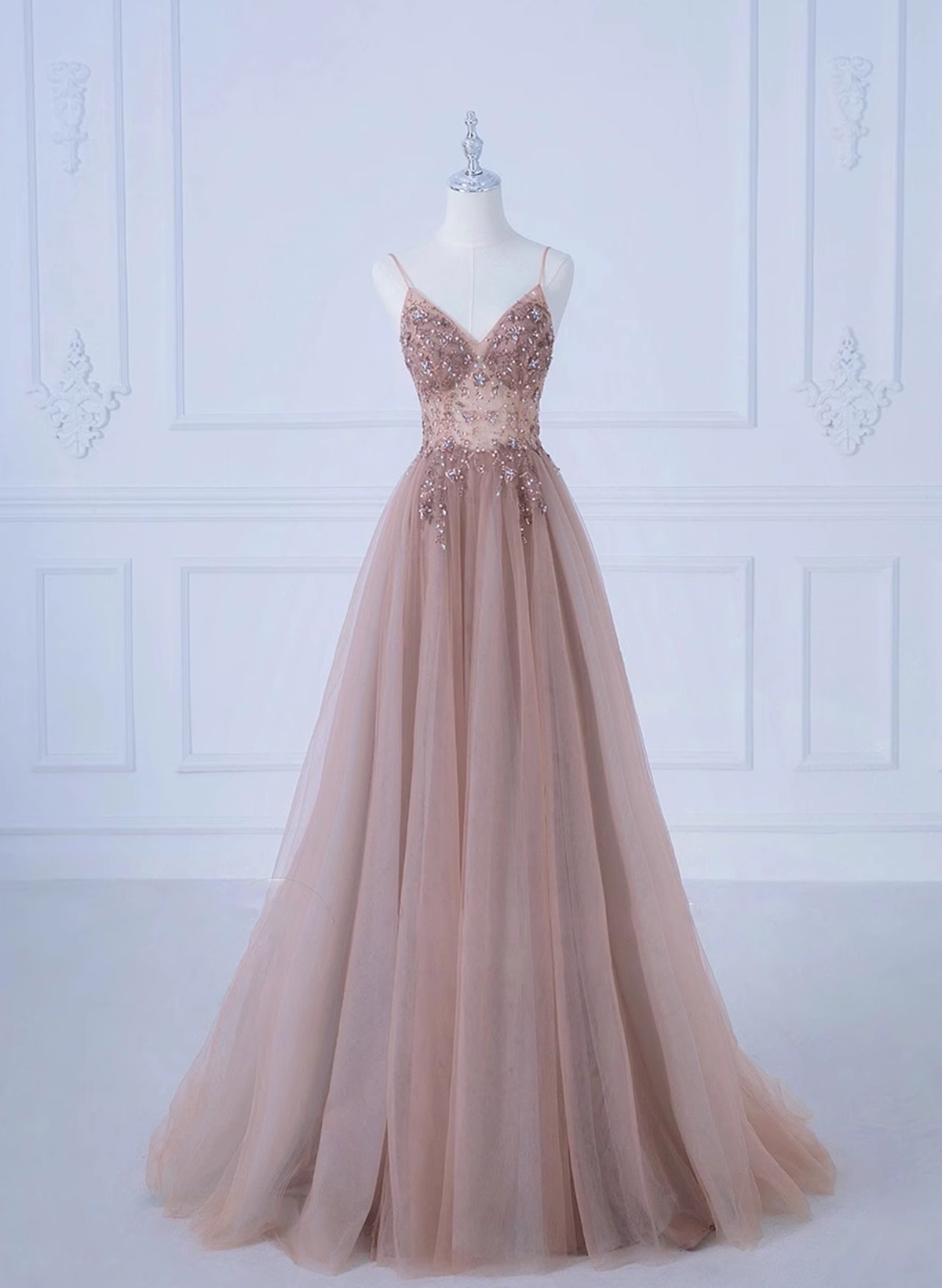 Pink V-Neckline Beaded Straps Long Party Dress, A-Line Pink Tulle Floor Length Prom Dress