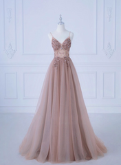 Pink V-Neckline Beaded Straps Long Party Dress, A-Line Pink Tulle Floor Length Prom Dress
