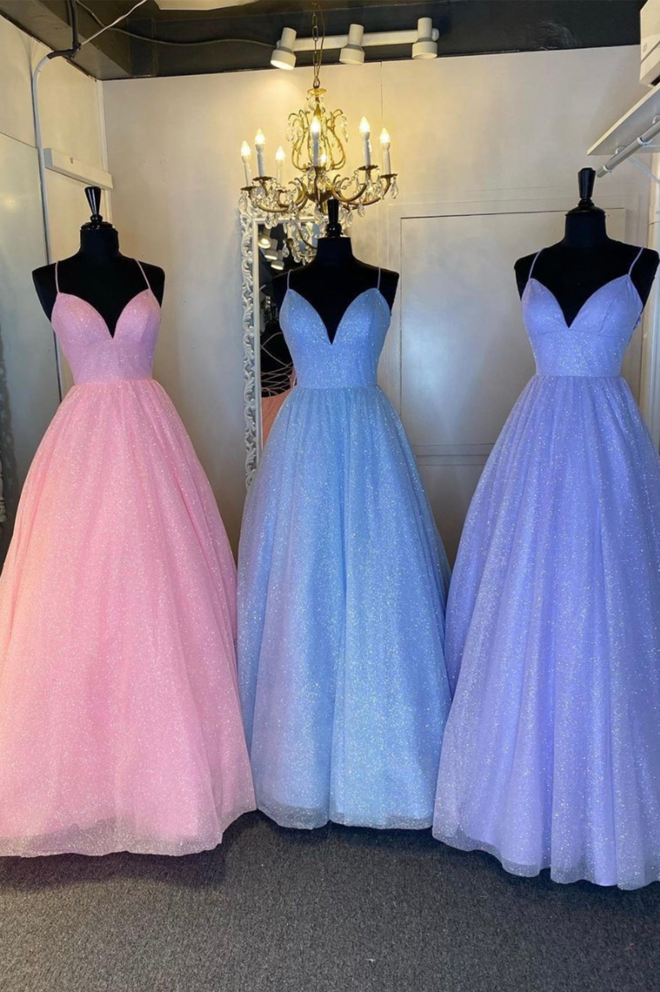 Cute V-Neck Tulle Long Prom Dresses, A-Line Evening Dresses