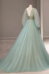Green V-Neck Tulle Long Prom Dress, Long Sleeve Evening Dress