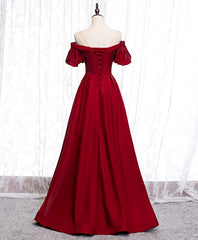 Simple Sweetheart Burgundy Satin Long Prom Dress, Burgundy Evening Dress