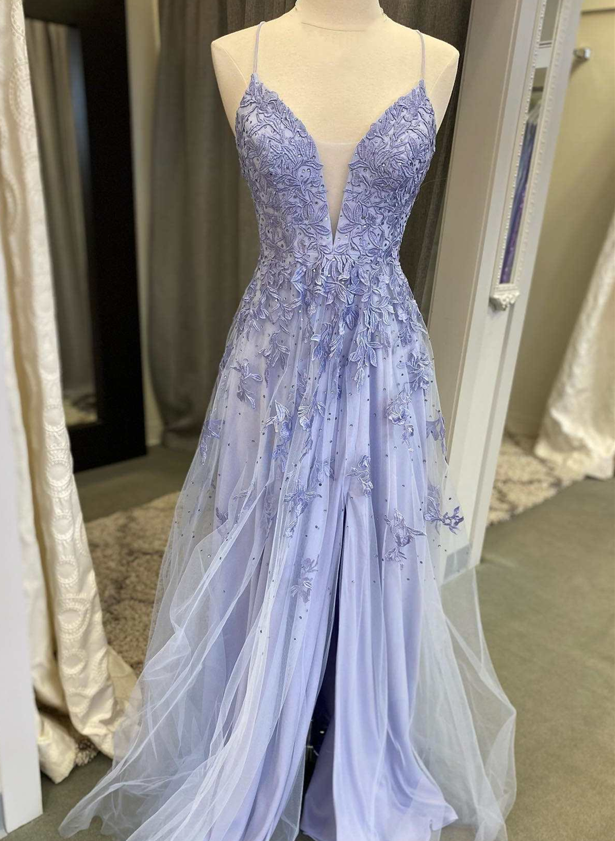 Lavender Tulle V-Neckline Long Party Dress, Lavender Straps Prom Dress Formal Dress