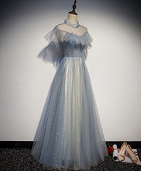 Light Blue Tulle Lace Long Prom Dress, Tulle Evening Dress