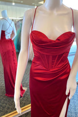Wine Red Cowl Neck Lace-Up Back Long Prom Dress with Slit