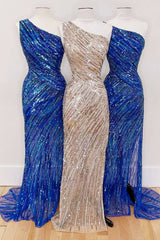 Sequins One-Shoulder Mermaid Long Prom Dress with Slit