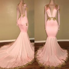 Long Sleeves Blushing Pink Deep V Neck Mermaid Backless With Gold Appliques Prom Dresses